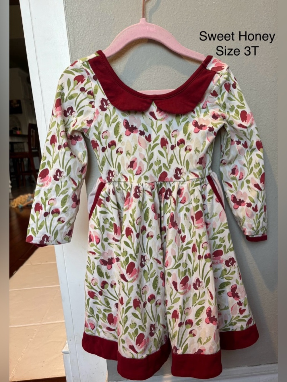 Sweet Honey Cream Dress with Burgundy and Pink Floral Print